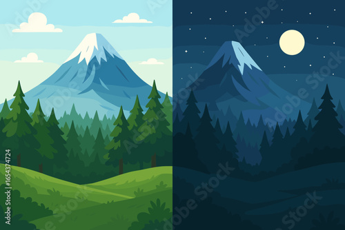 Day and night concept. Landscape comparison. Mountain and forest scene. Day vs night. 24 hour cycle. Light and dark. Morning evening. Sun and moon. Vector cartoon background.