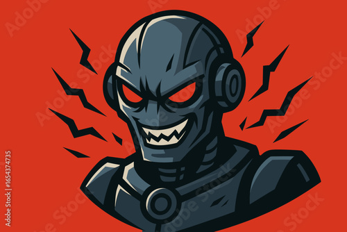 Dangerous AI concept with an evil robot. Vector illustration of angry artificial intelligence. Future technology threat. Malicious android mascot, villain cyborg with menacing grin.