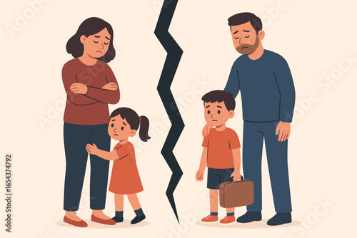 Vector illustration of parents going through difficult divorce. Concept of family conflict, shared custody and sad children. Broken home, separation and relationship problems.