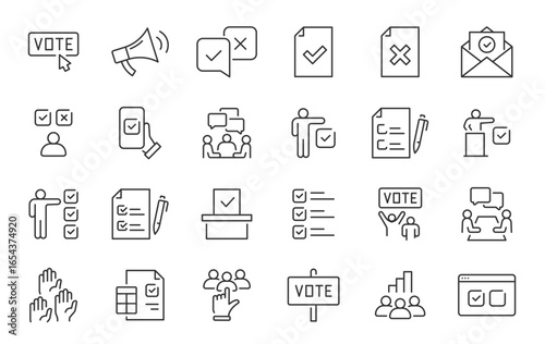 Voting web icons in line style. Vote box, candidates, form, approved, checklist, online, rating, collection. Vector illustration.