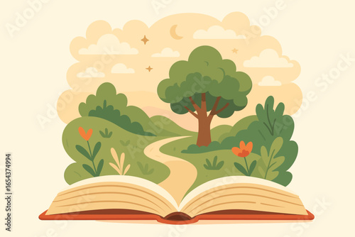 Open book with a fantasy nature landscape emerging from its pages. Concept for imagination, storytelling, literature, and reading. Getting lost in a magical world. Vector.