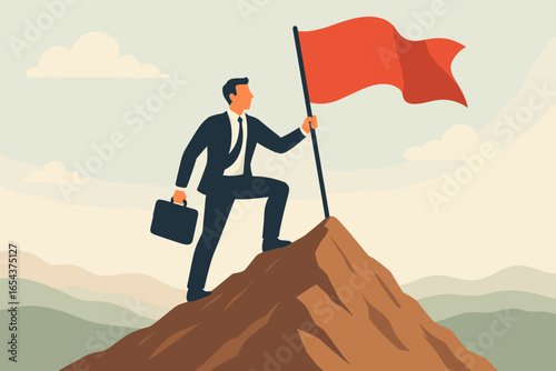 Businessman with flag on mountain top. Concept of success, achievement, career goal, and leadership. Mission accomplished, reaching the peak. Overcoming adversity vector concept.