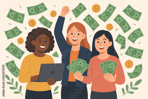 Diverse team of successful women making money online. Businesswomen celebrating financial success, earning income and profit. Concept of female empowerment and teamwork.