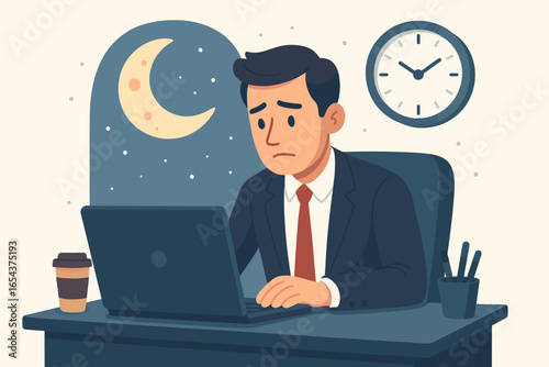 Businessman working overtime late at night in the office. Stressed, tired employee with burnout at computer desk. Unhappy man feeling deadline pressure. Workaholic concept vector.