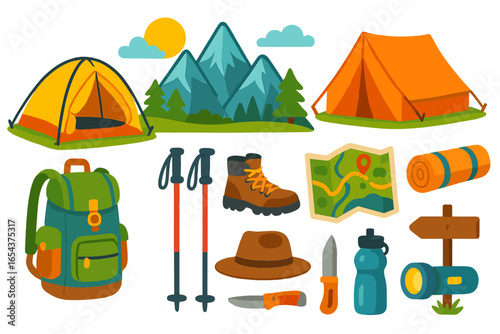 Camping gear and hiking equipment set. Outdoor adventure, travel and tourism concept. Vector collection with tent, backpack, mountains, boots, map, poles. Isolated flat icons.