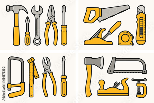 Hand tool collection. Vector icons set for construction, carpentry and home repair. Flat design illustration of workshop hardware like hammer, saw, axe, pliers and screwdriver.