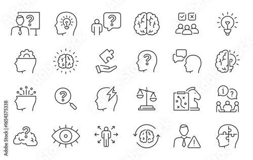 Critical thinking web icons in line style. Facts, think, analyzing, problem-solving, rational, decision making, collection. Vector illustration.