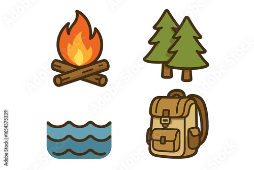 Vector set of outdoor adventure icons. Campfire, forest trees, water waves, and hiking backpack. Cartoon symbols for camping, travel, and nature tourism. Isolated illustration.
