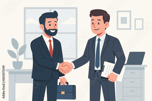 Two businessmen shaking hands in office. Business partners making a deal. Concept of agreement, success, partnership and cooperation. Flat design vector cartoon illustration.