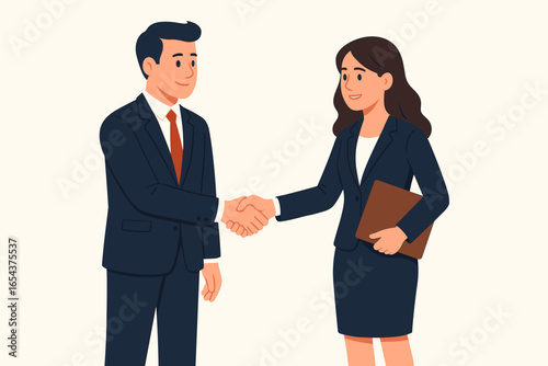 Businessman and businesswoman shaking hands after a successful meeting. Concept of partnership, agreement, cooperation, closing a deal, and negotiation. Vector illustration.