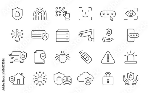 Security web icons in line style. Guard, cyber security, password, smart home, safety, data protection, key, shield, lock, unlock, eye access. Vector illustration.