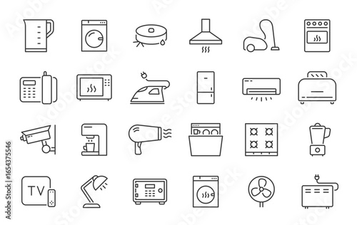 Home Appliances web icons in line style. Household appliance, vacuum cleaner, refrigerator, TV, cooking, entertainment, conditioning, dishwasher, collection. Vector illustration.