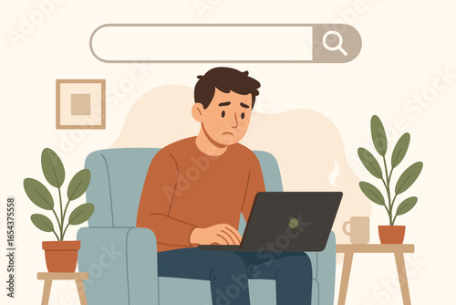 Man searching for a job online with a laptop from home. Unemployed person looking for work. Unemployment, career change, and job crisis concept. Search bar metaphor for work.