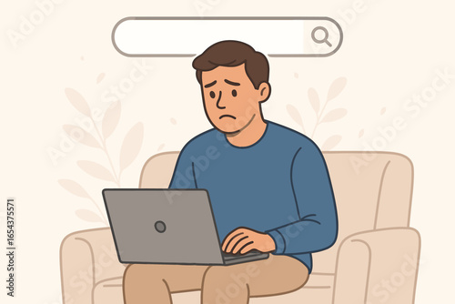 Job search concept. Sad unemployed man looking for work online with laptop at home. Unemployment, career crisis and recruitment concept. Man searching for job vacancy. Vector.