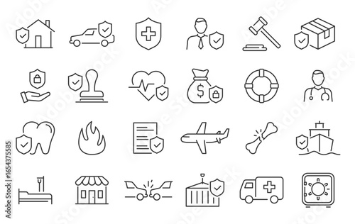 Insurance web icons in line style. Medical, Car, insurance situations, accident, health, flood, life, travel, fly, home. Vector illustration.