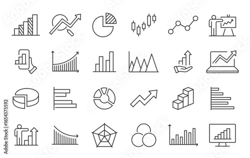 Graph and Charts web icons in line style. Graphics, infographic, statistics, data, diagrams, economy reduction, finance, down or up arrow, business, increase, decrease. Vector illustration.