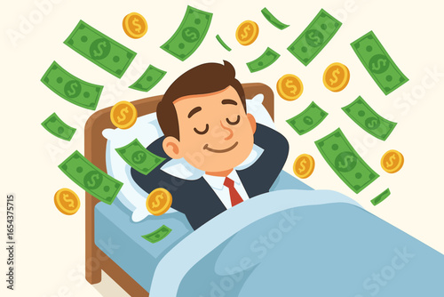 Businessman makes money while sleeping in bed. Passive income concept with cash raining down. Financial freedom, investment success, profit, earnings, and wealth metaphor.