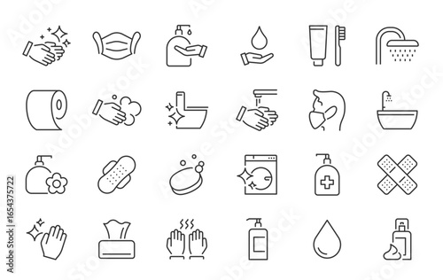 Hygiene web icon set in line style. Cleaning, washing hands, shower, seminar, soap, respiratory mask, antiseptic, clean, collection. Vector illustration.