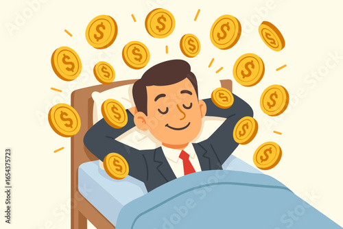Making money while sleeping, a passive income metaphor. Relaxed businessman in bed with income raining down. Earnings, return on investment, and compound interest concept vector.