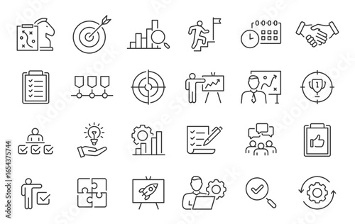 Action plan web icon set in line style. Schedule, plan, implementation, strategy, analysis, collaboration, check, collection. Vector illustration.
