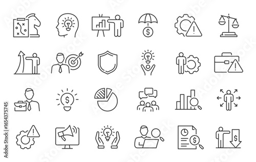 Crisis management web icon set in line style. Management, risk, business strategy, feedback, assessment, protection, crisis, collection. Vector illustration.