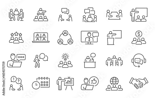 Meeting web icon set in line style. Conference, team, brainstorm, seminar, interview, collection. Vector illustration.
