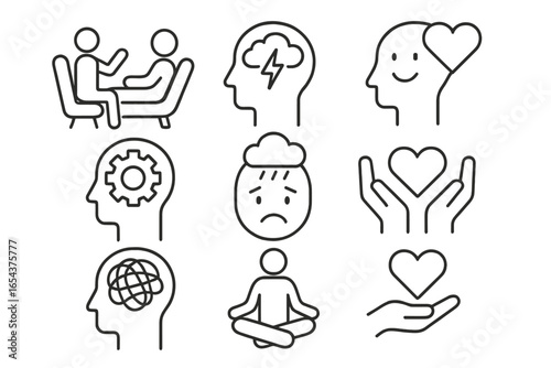 Mental health line icons set. Psychology, therapy, anxiety, depression, stress, confusion, mindfulness, self care, support, emotions. Vector illustration. Editable stroke.