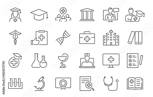 Medical Education web icon set in line style. Medicine, college, student, learning, book, collection. Vector illustration.