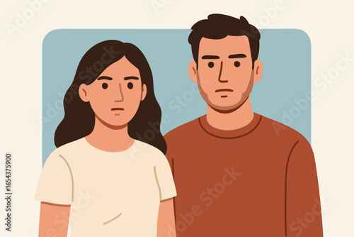 Young couple portrait illustration. Man and woman with serious facial expression looking at camera. Concept for relationship problems, conflict, disagreement, or therapy. Flat vector.