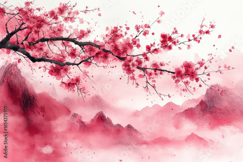 Cherry tree in bloom with distant mountains.
