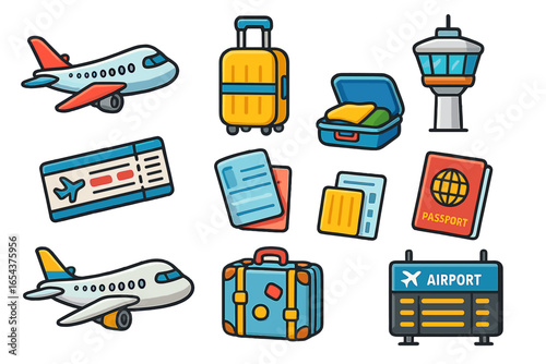Air travel icon set. Vector cartoon illustration of airport elements. Plane, luggage, passport, ticket and control tower. Aviation and tourism concept for vacation journey.