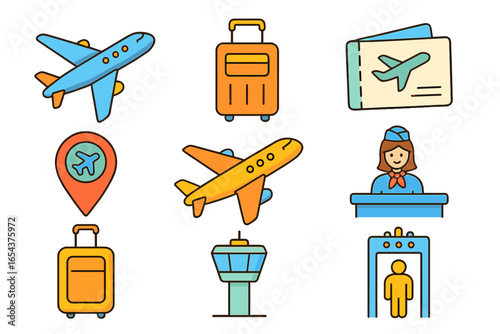 Vector cartoon icon set for air travel and airport services. Flight and vacation concept with plane, luggage, passport, stewardess, security check, and control tower.