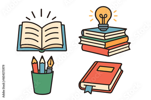 Book icon set vector. Education, reading and writing cartoon illustration. Open book, stack of books with lightbulb idea, pencils and pen. Knowledge, learning, study concept.