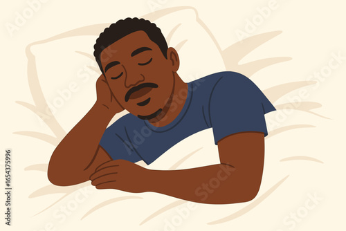 Man sleeping in bed. Face of black African American male person with eyes closed, sleeps on pillow under blanket feeling relaxed, resting and having a nap alone. Dream concept.