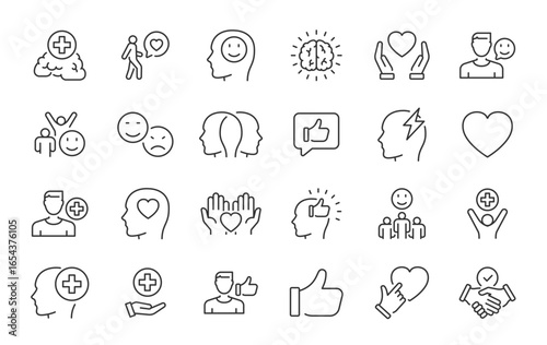 Positive thinking web icons in line style. Lifestyle, charity, optimism, happiness, psychology, love, collection. Vector illustration.