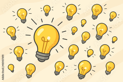 Lots of ideas concept with many glowing light bulbs. Creative thinking, brainstorming, and innovation. Metaphor for inspiration, solution, knowledge, discovery, and intelligence.