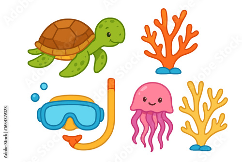 Colorful marine icons with turtle, jellyfish, coral. Snorkeling gear for underwater adventures. Cute sea animal set. Ocean life cartoon vector illustration collection for kids.