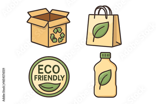 Eco friendly packaging and sustainable practices icon set. Vector cartoon illustration of recyclable and biodegradable products. Includes box, paper bag, bottle, and eco label.