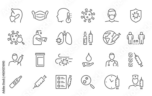 Vaccine and Vaccination web icons in line style. Medicine, vaccine dose, anti virus, doctor, virus, testing, lab, infographic collection. Vector illustration.