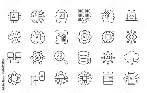 Artificial Intelligence web icons in line style. Innovation technology, machine, robot, bot, brain, collection. Vector illustration.