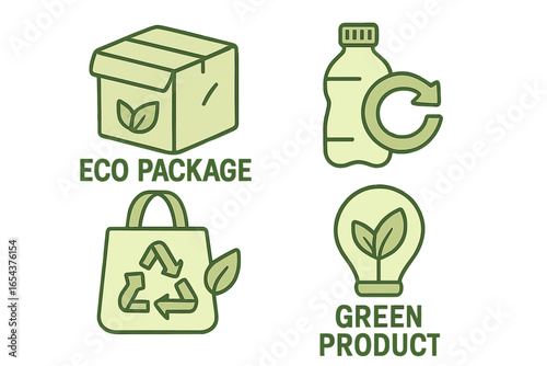 Eco friendly packaging icon set. Sustainable practices symbols for green product design. Vector graphic for recycling, biodegradable materials, and environmental conservation.