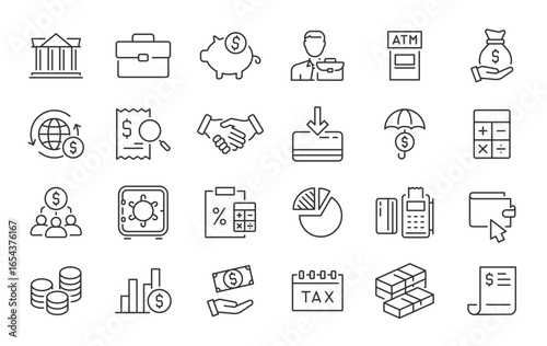 Banking web icons in line style. Bank, income, atm, money, payment, collection. Vector illustration.