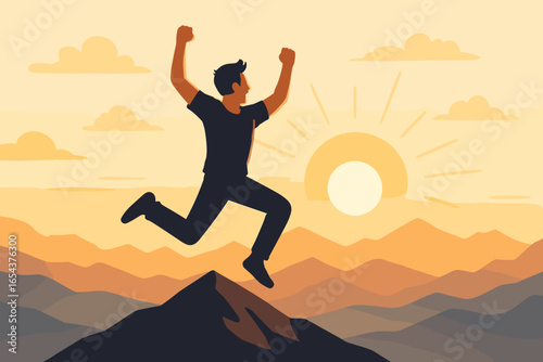 Man Jumping on Mountain Peak at Sunrise, Leaping in Air with Mountain Range Background, Symbol of Personal Happiness, Triumph, Success, Freedom, Achievement, Vector Illustration