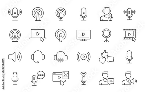 Podcast web icons in line style. Microphone, radio, webcast, audio, video, news, collection. Vector illustration.