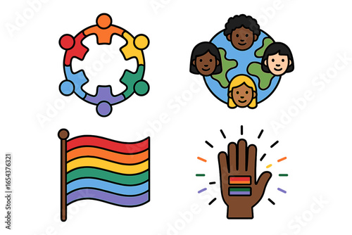 Diversity and inclusivity icon set. Vector symbols for equality, community, and LGBTQ pride. Includes rainbow flag, multicultural world, teamwork puzzle, and human rights.
