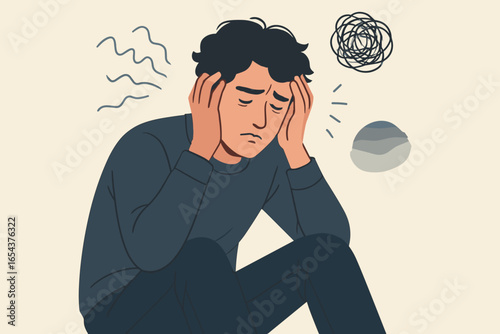 Young man with depression and anxiety. Sad, unhappy person suffering from mental health problems, stress, burnout, confused thoughts. Psychology and mental disorder concept illustration.