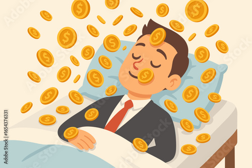 Businessman makes money while sleeping, passive income concept. Relaxed man in bed with falling money rain. Financial freedom, success, investment return, wealth cartoon vector.