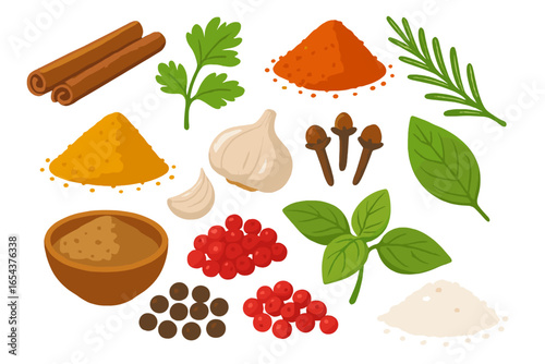 Spice and herb set for cooking. Culinary ingredient collection with cinnamon, garlic, basil, pepper, paprika, turmeric, rosemary. Vector food illustration isolated on white.