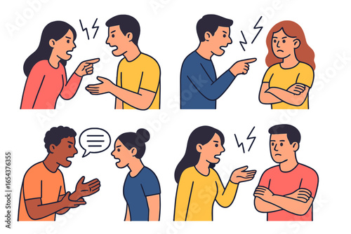 Set of arguing couples. Man and woman in conflict. Relationship problem, family fight concept. Angry people shouting. Divorce, stress and communication crisis. Vector illustration.