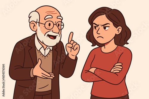 Old man explaining a complex subject to an irritated woman. Concept of mansplaining, disagreement, conflict, and a know-it-all attitude. Communication problem vector illustration.